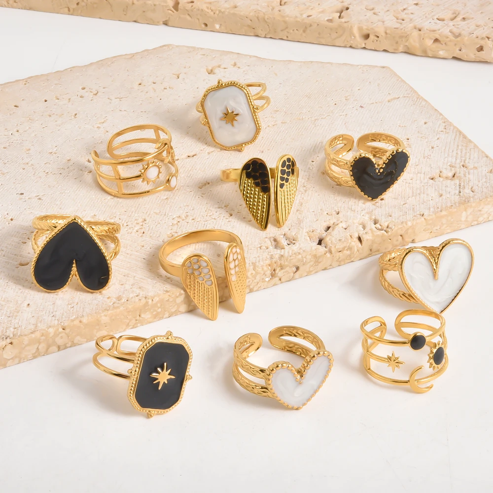 

4pcs/Lot Stainless Steel Heart-Shaped Wing Rectangular Sun Moon Star Drip Oil Ring With Adjustable Opening For Men Women Jewelry