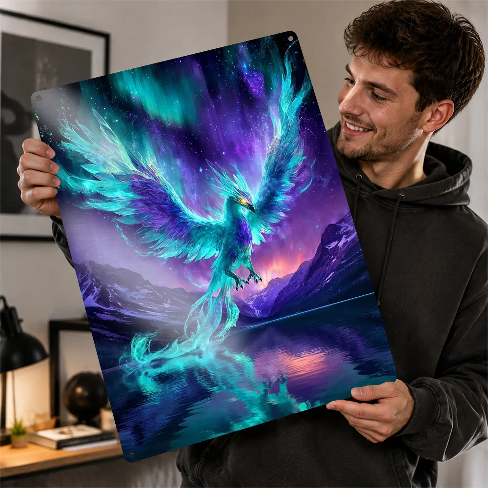 Phoenix Above Aurora Lake Printed Poster Fantasy Wall Art For Bedroom Personalized Aluminum Metal Sign Nature Lover Gift Idea
