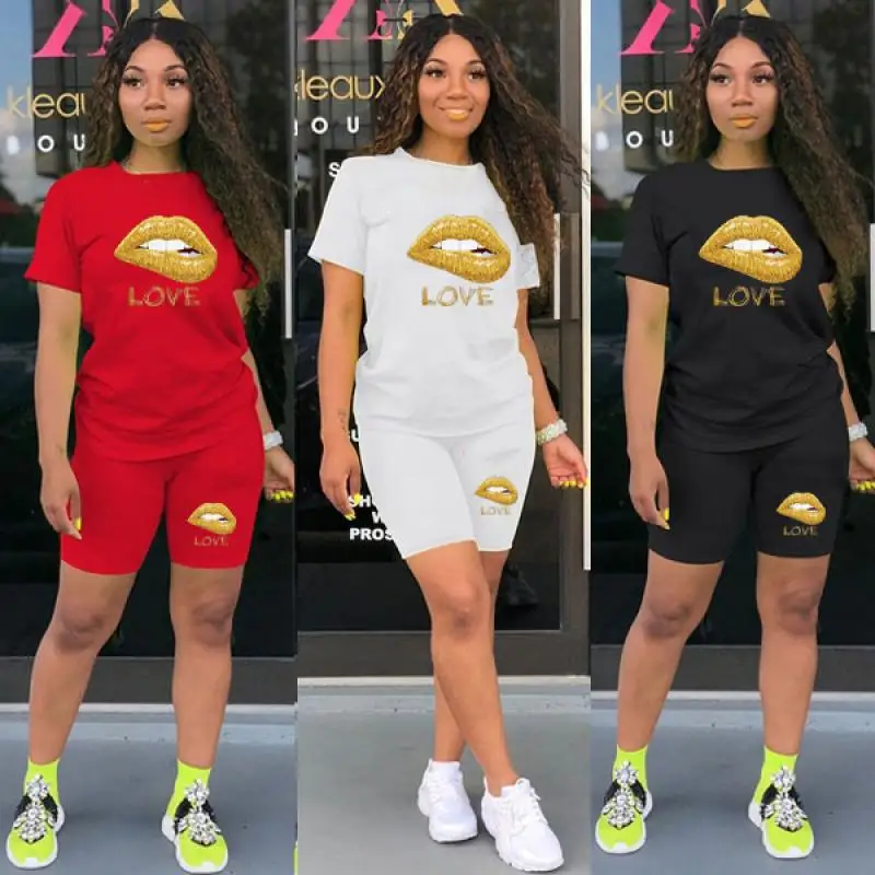 Summer Women 2 Pieces Set Printed O-neck T-shirt+Shorts Casual Short Sleeve Tracksuit Outfit Breathable Female Sportswear