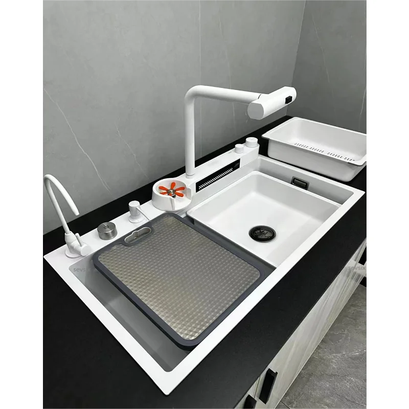 

White Black Honeycomb Digital Display Kitchen Sink With 304 Stainless Steel Pull Out Faucet Oil Resistance Kitchen Sink