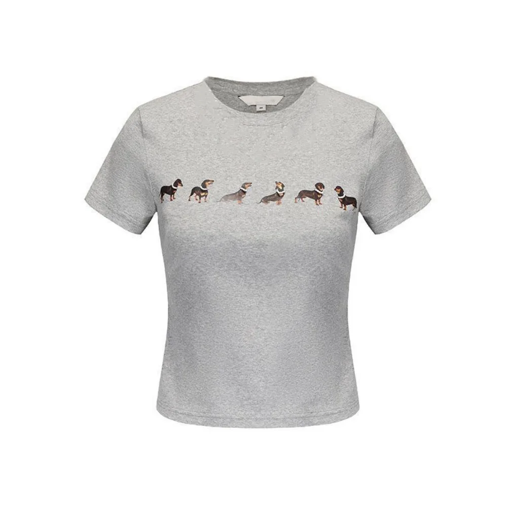 

Korean Style Cartoon Dog Short Sleeve T-shirt Slim Fit Dachshund Y2K Crop Top Sweet Chic Tees Shirts Women Streetwear
