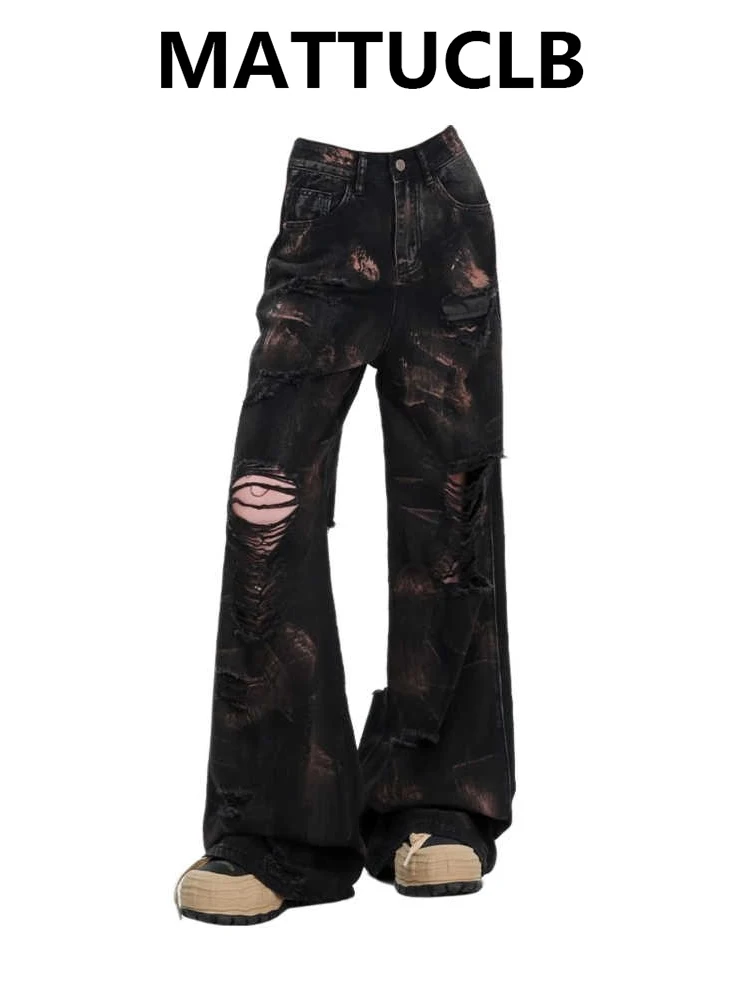 

Women Dark Academia Gothic Baggy Harajuku Chic Jeans Grunge Japanese Trashy Y2K Damage Denim Pants 2000s Aesthetic Harajuku New