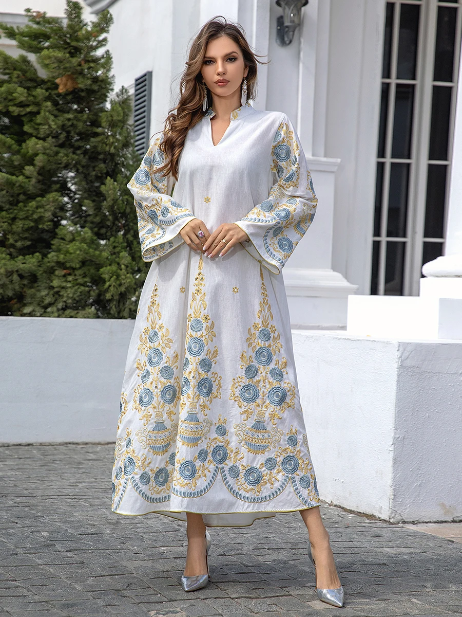 Siskakia White Floral Embroidery Evening Party Long Dresses Jalabiyat Turkish Moroccan Kaftan Saudi Traditional Kurdish Women Cl