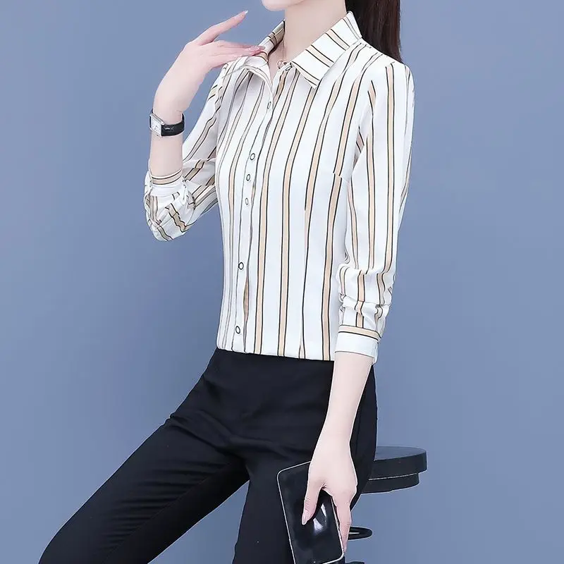 Striped Printing Women\'s Clothing 2023 New Long Sleeve Slim Ladies Tops Spring POLO Collar Fashion Fashion Button Chiffon Shirt