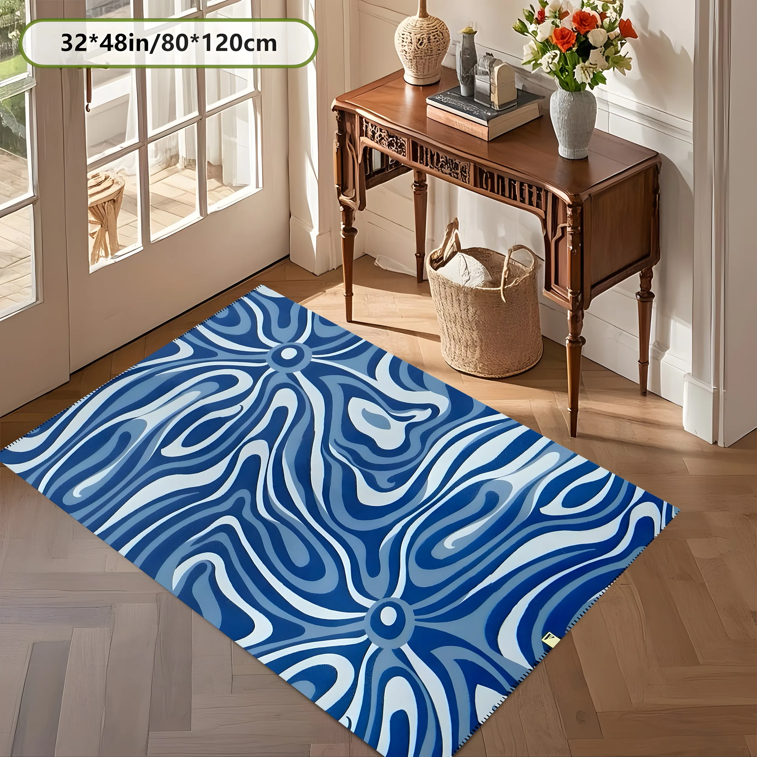 Large Area Rug with Blue and White Abstract Flowing Floral Pattern, Modern Art Style, for Living Room Bedroom