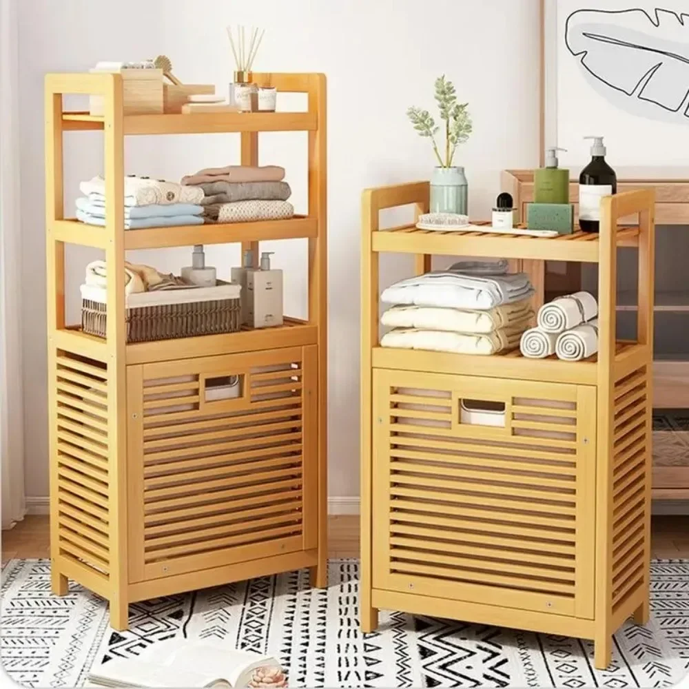 Wooden Storage Hamper Bathroom Rack Multi-function Bamboo Laundry Basket Laundry Hamper with  Shelves Tilt Out  Bathroom Rack