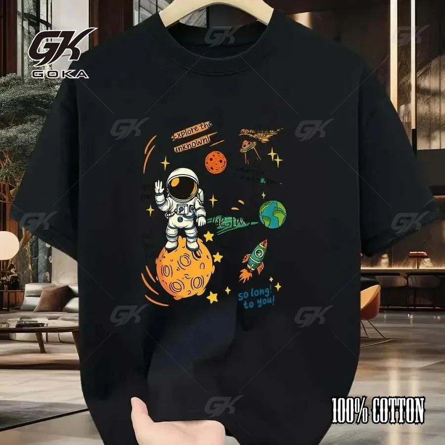 Cute Astronaut Space Doodle T-Shirt, Black Cosmic Graphic Round Short Sleeved Tops, Retro Moon & Planets Casual Streetwear