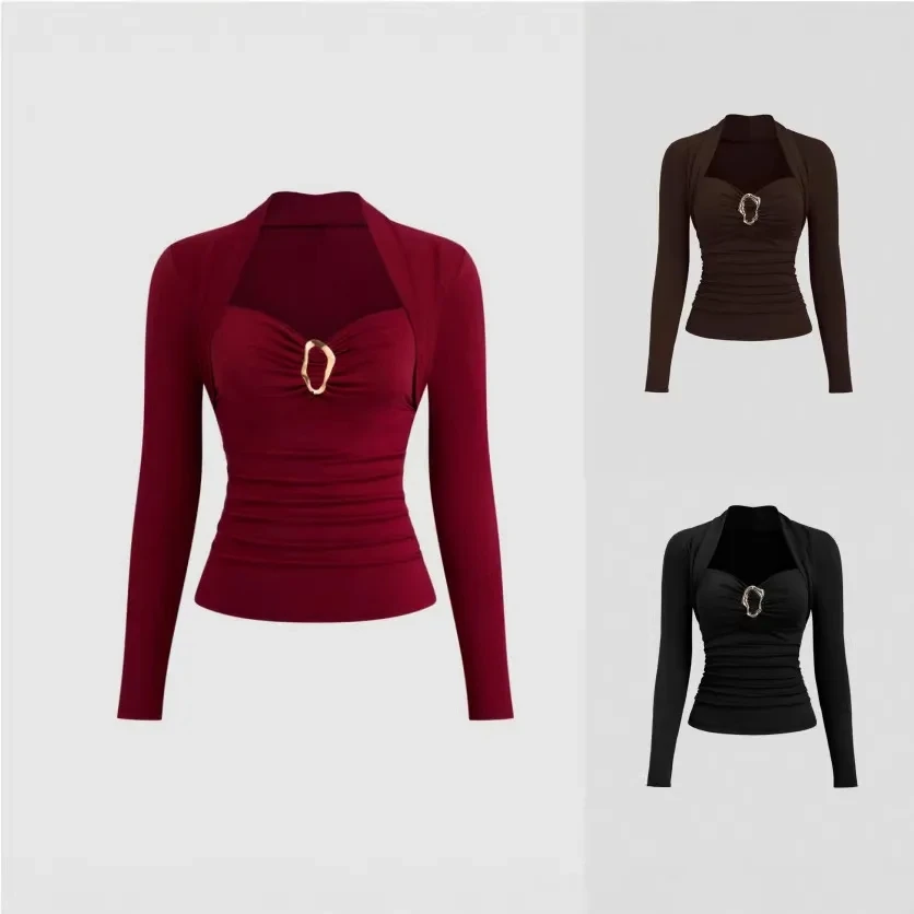 

2026 Autumn Winter New Wine Red Halter Neck Metal Long Sleeve Short Crop T Shirt Women Fashion Solid Color Top