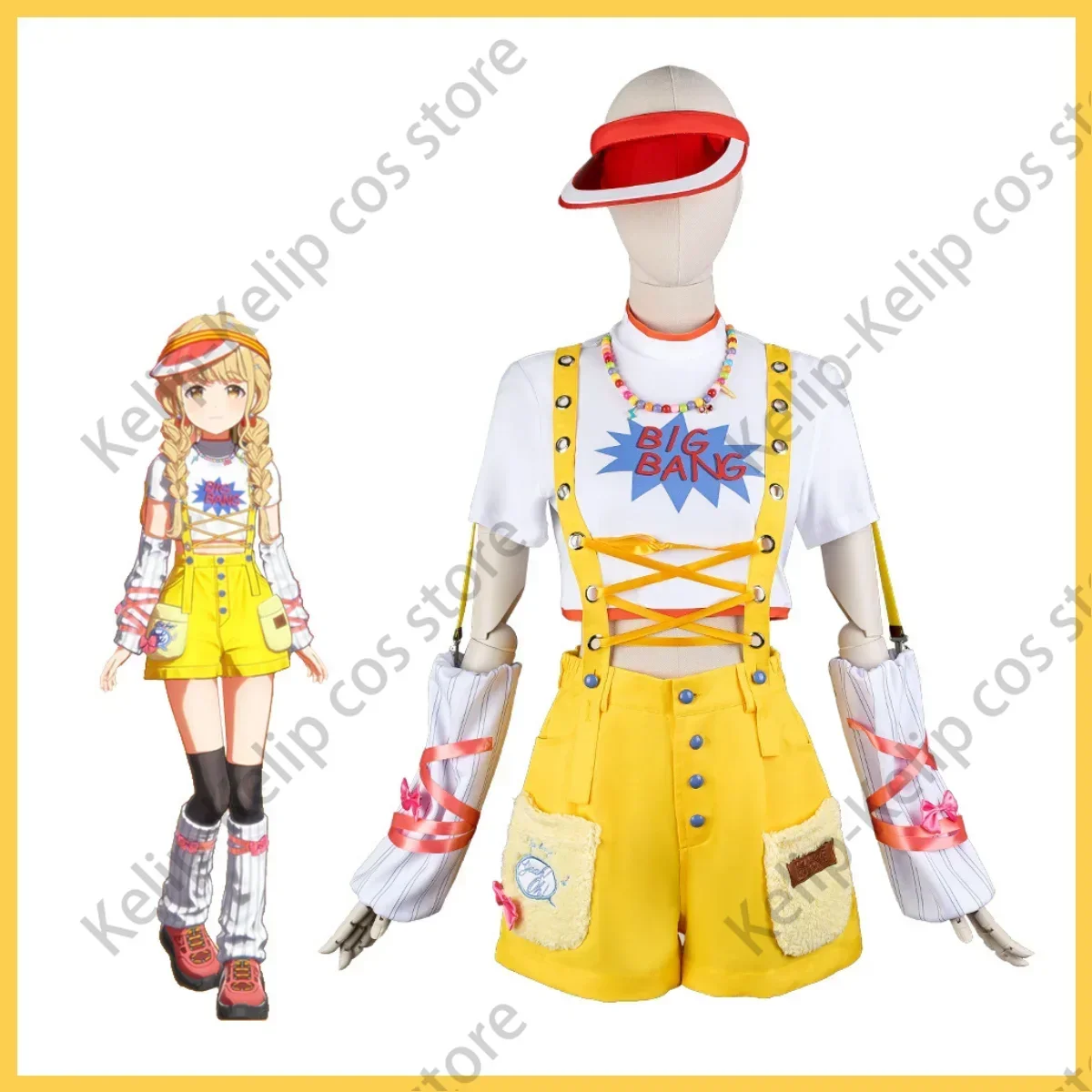 Game Gakuen The Idolm@Ster Kotone Fujita Cosplay Costume Yellow Rompers T-shirt Hat Wig Woman Cute Sexy Daily Leisure Time Suit