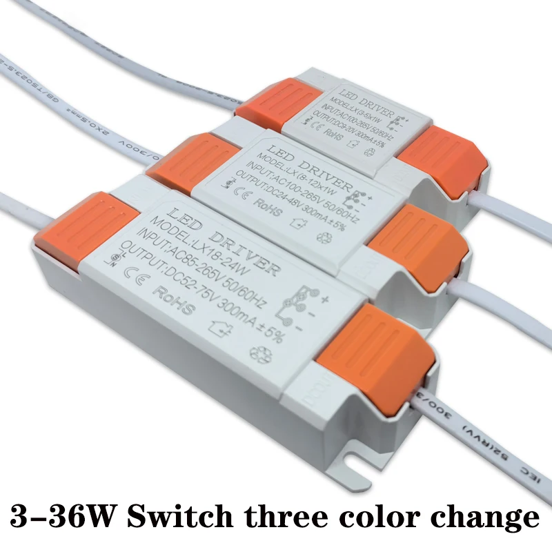 

Светодиодный Driver switch, трехцветная смена, 3-36 Вт, AC85-265V 300 мА, адаптер питания, трансформатор для лампочек