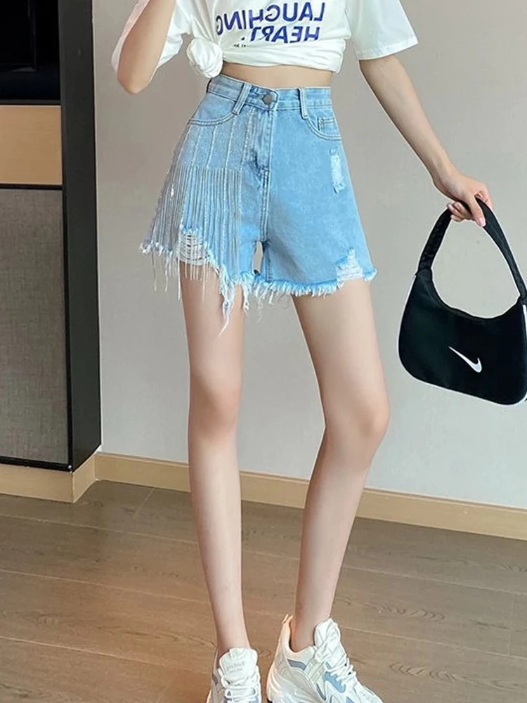Denim Shorts Heavy Tassel Ripped Frayed High Waist Women Summer New Vintage Loose Slimming Stylish A Line Wide Leg Hot Pants