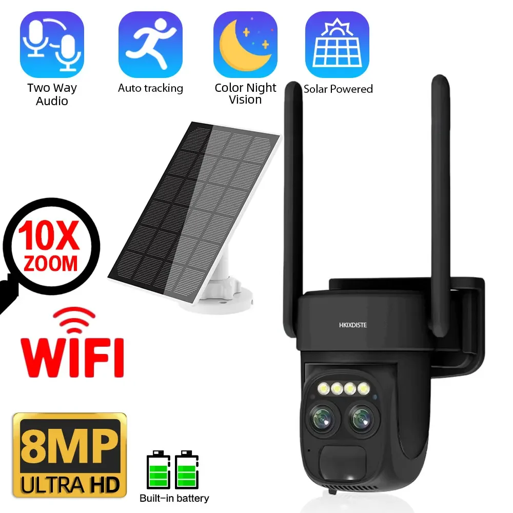 

Outdoor 4K 8MP Solar WiFi IP Security Camera featuring Dual Lens, 10X Zoom, Auto Tracking, and Battery-Powered Wireless CCTV