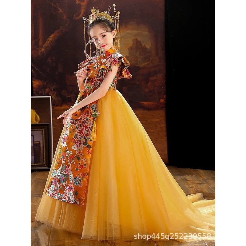 Girls' Chinese Style High-End Fashion Show Dress2023New Children's Trailing Princess Dress Chinese Style Little Host Autumn Wint