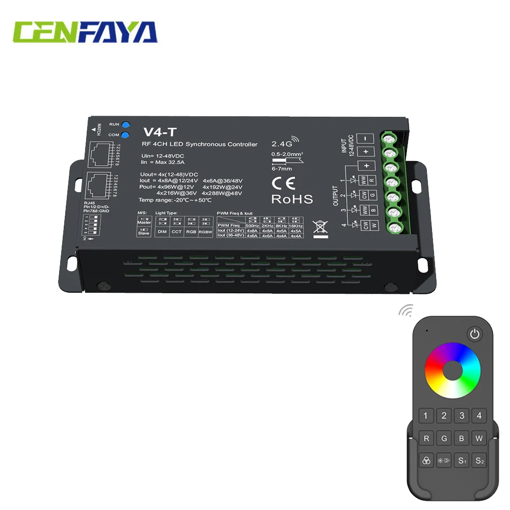 RF Synchronous 4 CH LED Controller DMX512 PWM Dimming Master or Slave Mode 10 RGB Dynamic Mode DC12-48V Match With 2.4G Remote