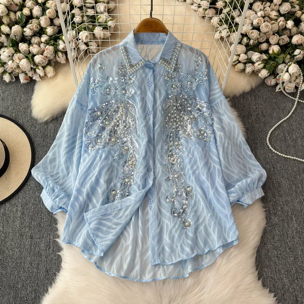 Summer Girl French Heavy Industry Sequin Embroidery Diamond Versatile Age Reduction Shirt New Lantern Sleeve Loose Sunscreen Top