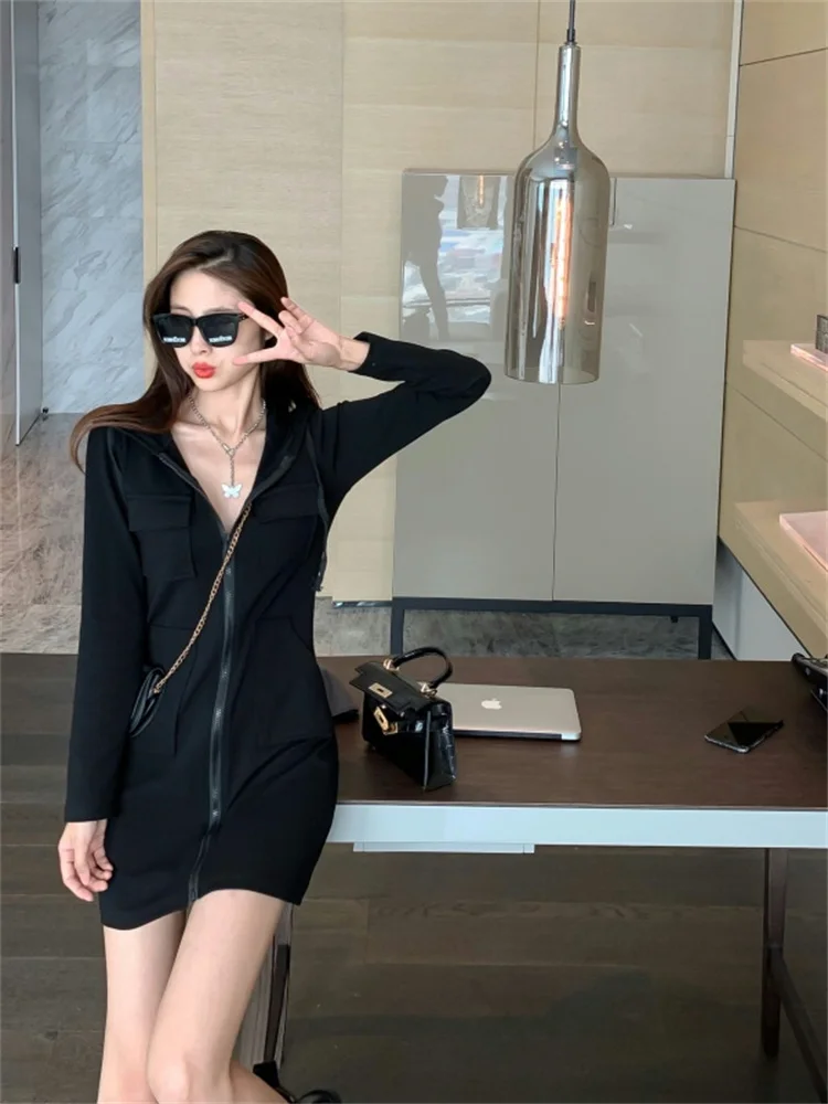 High Waist A-Line ort Skirt Dr Women's Long Sve Spor Sweet And Sal Sle Zipper Hooded Dr Korean Sle Commute