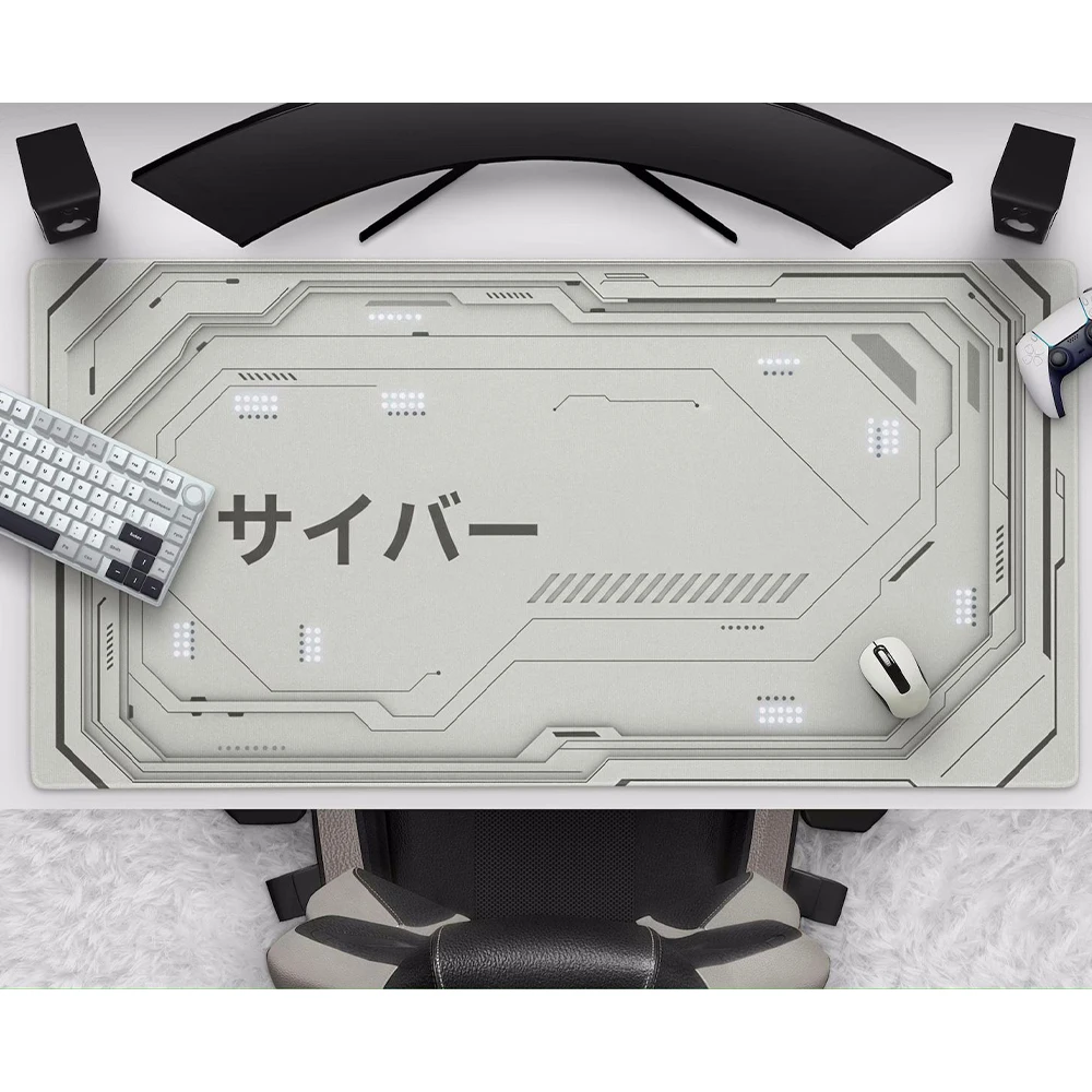 White Gaming Mouse Pad,Gamer Keyboard Japan Deskmat,Futuristic Sci-Fi Design,Large Extended Mat,Cool Minimalist Tech, Mouse Mats