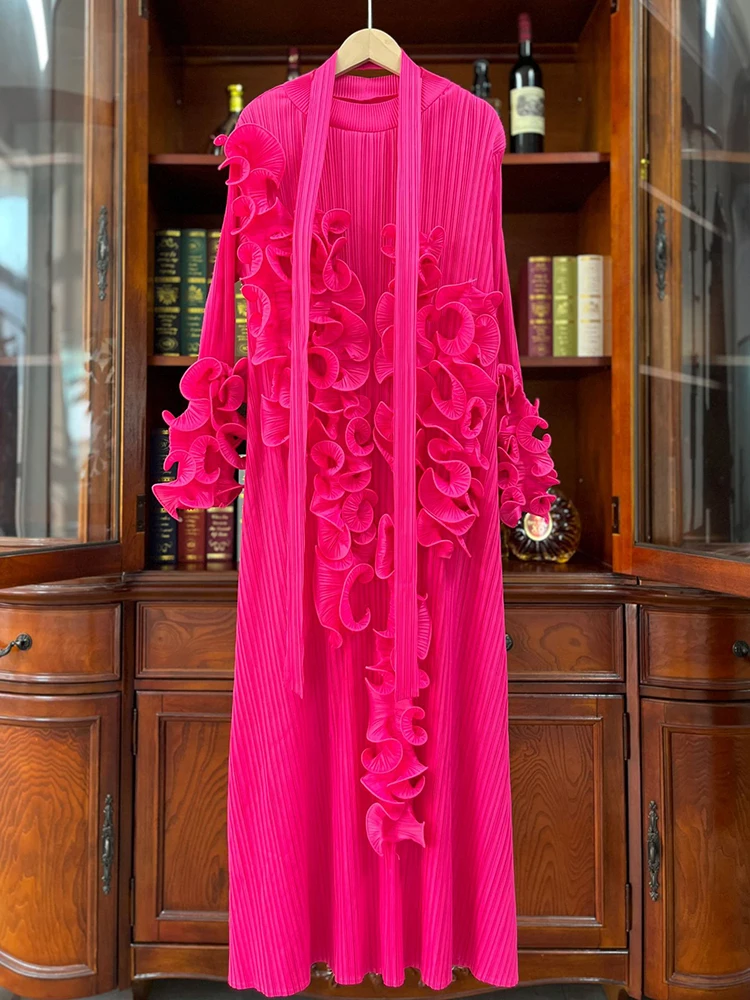 GVVW Pleated Dress Women Round Neck Ruffles Long Sleeves Belt Fold Dresses Elegant LadiesClothing 2024 Summer New 2DA5450
