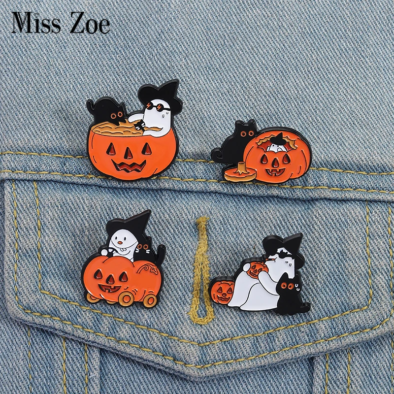 Halloween Kürbis Katze Emaille Pins Benutzerdefinierte süße Geist Mr. Broschen Revers Abzeichen Kleidung Tier Schmuck Geschenk für Freunde