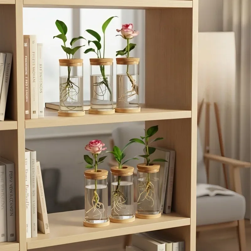 6pc Glass Ecological Bottles with Base and Hole Wooden Stopper Succulent Hydroponic Plant Micro Landscape Vase Indoor Home Decor