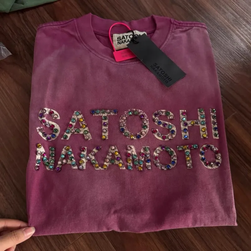 American Street Vintage Washed Tie Dye Tee Men Women Oversize SATOSHI Tshirts Hotfix Rhinestone Rivet Letter Short Sleeve Tops