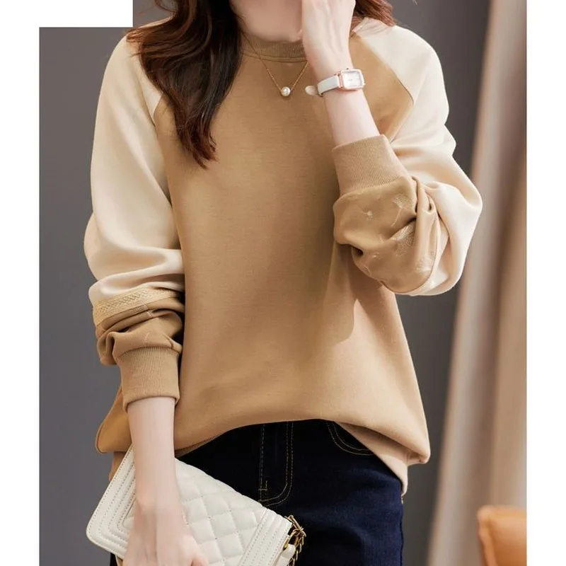 Spring and Autumn Fashion Trend Poor Shoulder Sleeve Round Neck Panel Loose Versatile Small Long Sleeve Casual Women's Sweater