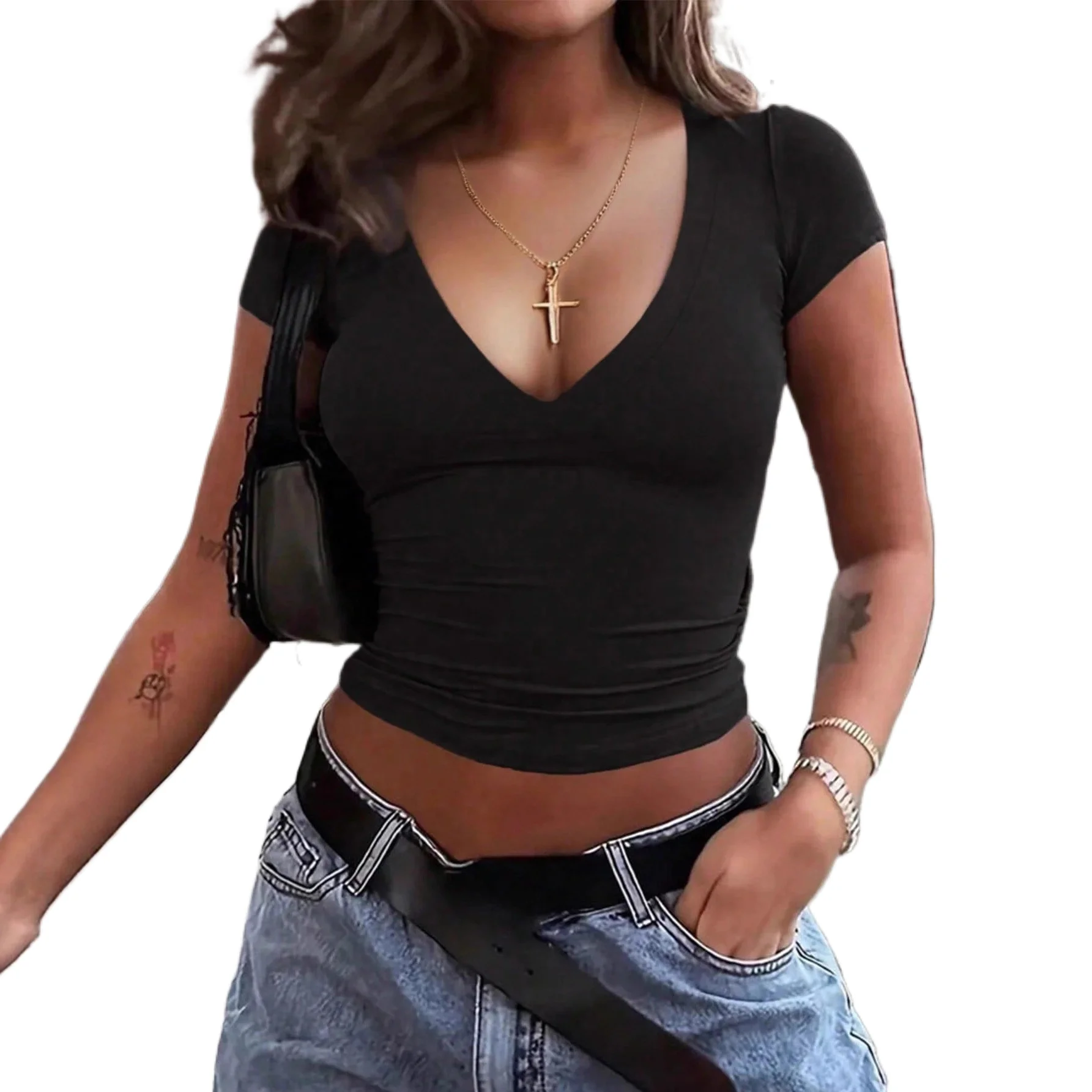 Customized LOGO Women's 2025 New Street Deep V-Neck Short Sleeve T-Shirt Summer Slim Thin Spice Girl Top