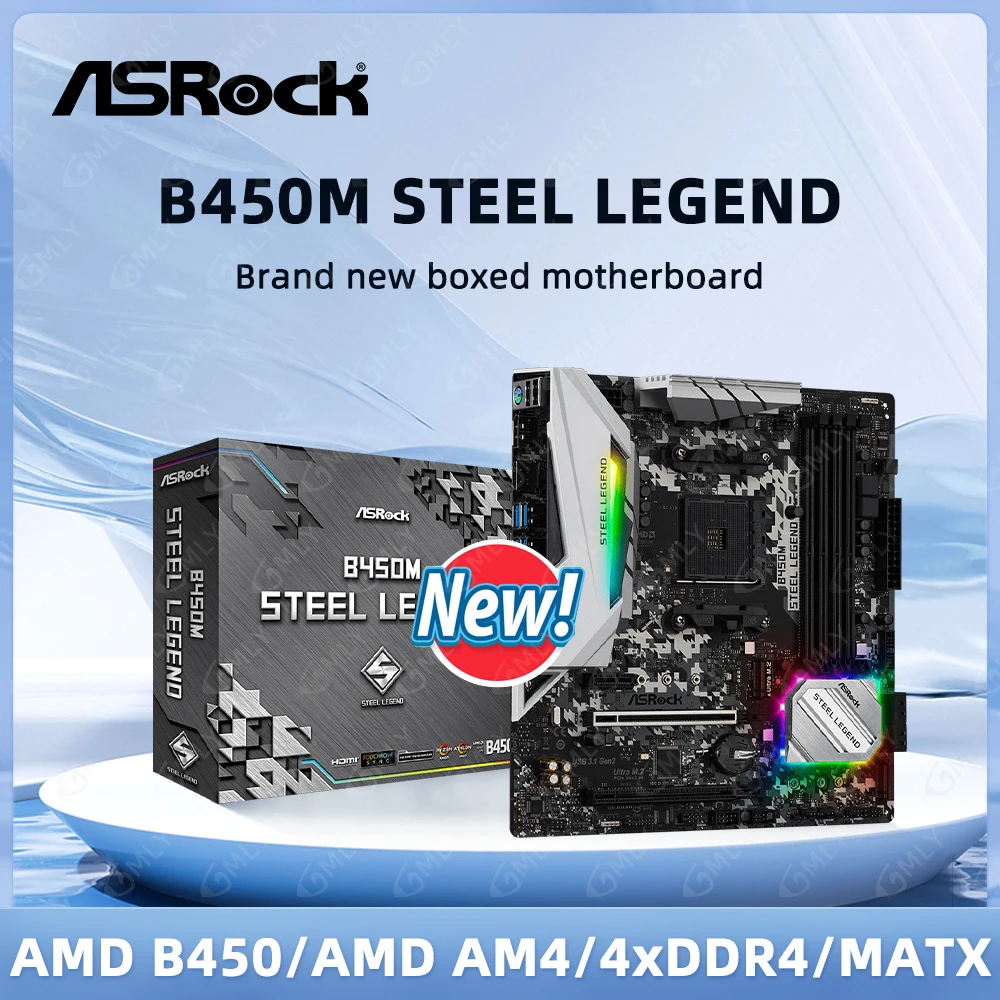 Placa base ASRock B450M STEEL LEGEND AMD B450 AM4 DDR4 3200 +(OC) 64GB compatible con 5600 1600 4700G 4300 3900 5500 CPU ATX nuevo