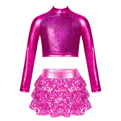 Kids Girls Shiny Sequins Ballet Dance Long Sleeve Crop Top Shorty Unitard Dress Gymnastics Leotard Stage Modern Jazz Latin Dance