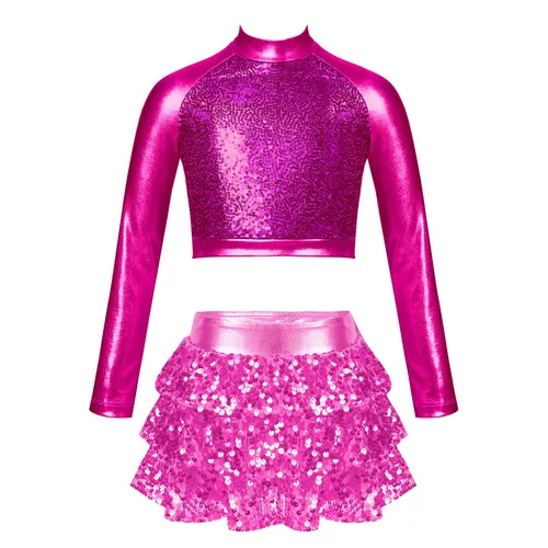Vestido corto de manga larga con lentejuelas brillantes para niñas, leotardo de gimnasia, leotardo de escenario, Jazz moderno, baile latino