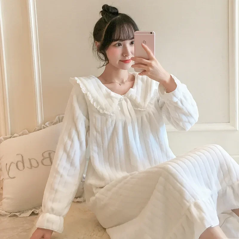 Winter Women Flannel Nightdress Thicken Warm Sleepwear Ladies Coral Fleece Nightgowns Female Sleepshirts Casual Home Clothes