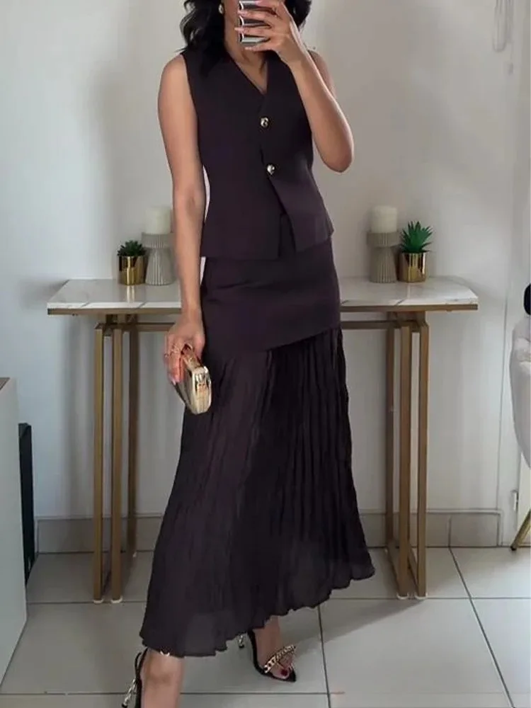 KONDALA Vintage Chic Women Knitted Suit VNeck Sleeveless Top Straight Long Spliced Skirt Fashion 2025 Spring Suit
