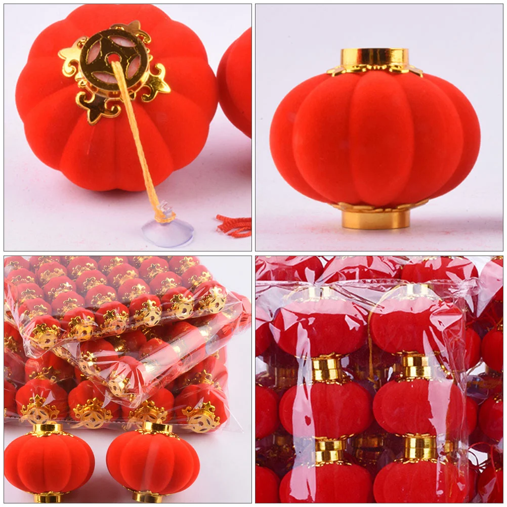 2 Pcs Flocked Lantern Outdoor Decor Round Lanterns New Year Red Hanging Mini Spring Festival Chinese Flocking Cloth Mall