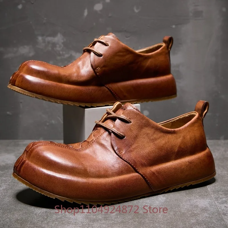 Designer Thick Soled Loafers for Men High-end Horsehide Lace Up Derby Height Increasing Genuine Leather Casual Leather Shoes