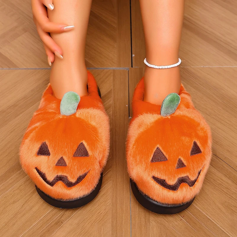 Halloween 3D-Kürbis-Plüsch-Hausschuhe für Damen, Winter-Plateau-Pantoletten, rutschfeste, flauschige Fell-Slides für drinnen, Unisex, für Feiertage und Partys – Detail 5