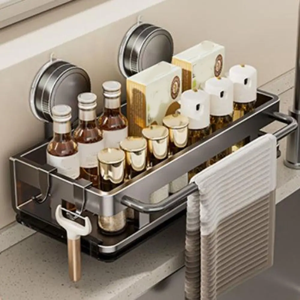 

Space Aluminum Suction Cup Dish Sponge Holder Wall Mounted Waterproof Sink Drain Rack Punch Free with Water Tray