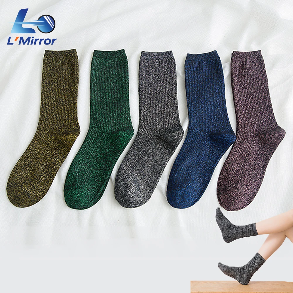 

L●Mirror 5 Pairs Women's Shiny Novelty Pearl Stockings-Silver Gold Silk Glitter Crew Socks,Breathable Sweat-Absorbing Warm