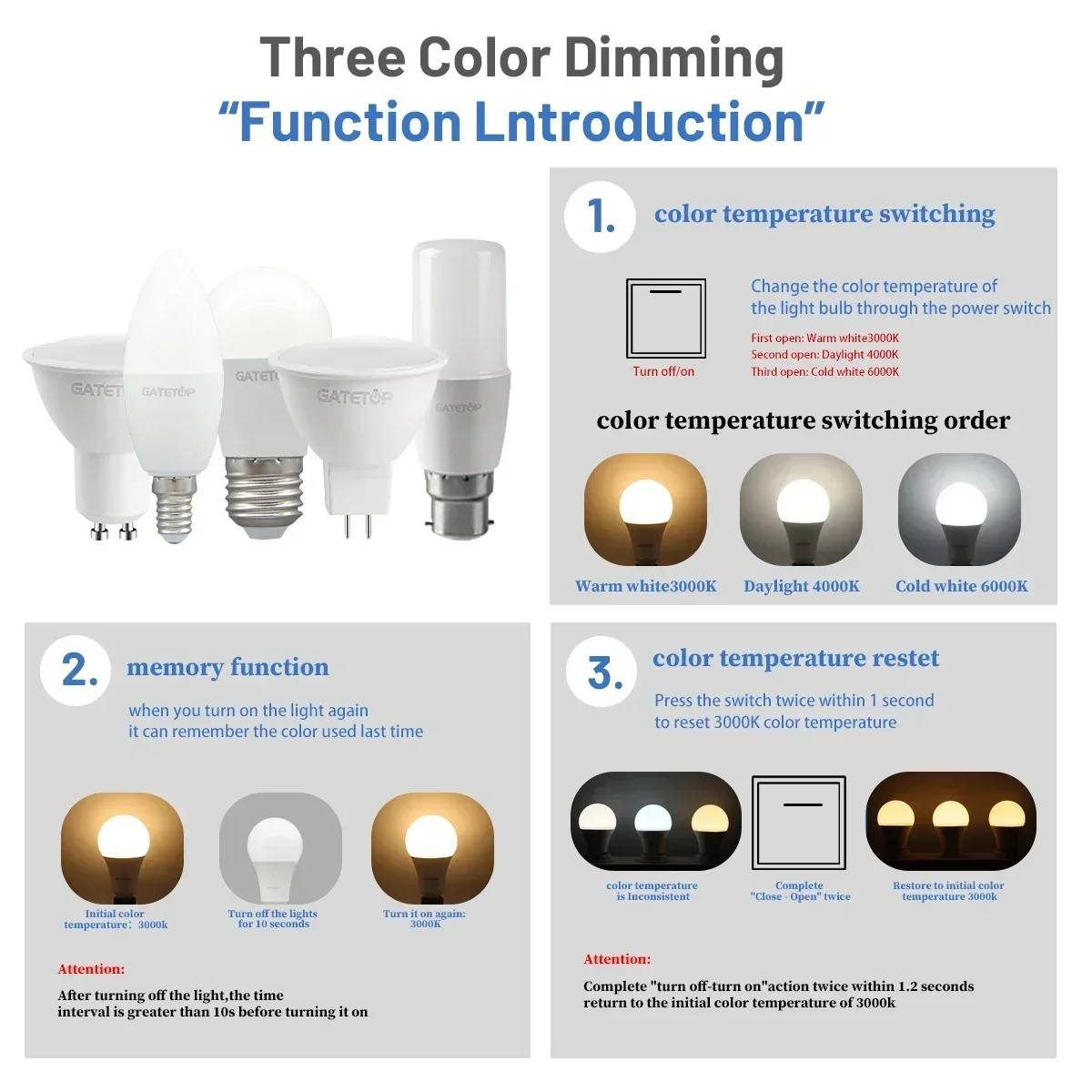 6ชิ้นหลอดไฟ LED COLOUR ไฟเปลี่ยน CCT(3000K 4000K 6000K) E27 E14 B22สปอตไลท์ฐาน GU5.3 GU10สำหรับบ้านห้องนั่งเล่น