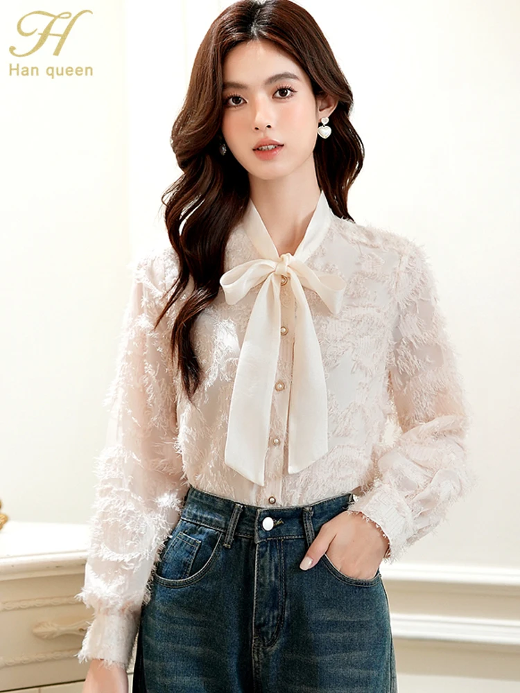 

H Han Queen Woman Clothes Lace-Up Bow Long Sleeves Vintage Loose Tops Chic Blouse Korean Autumn Shirts Office Work Blouse 2025﻿