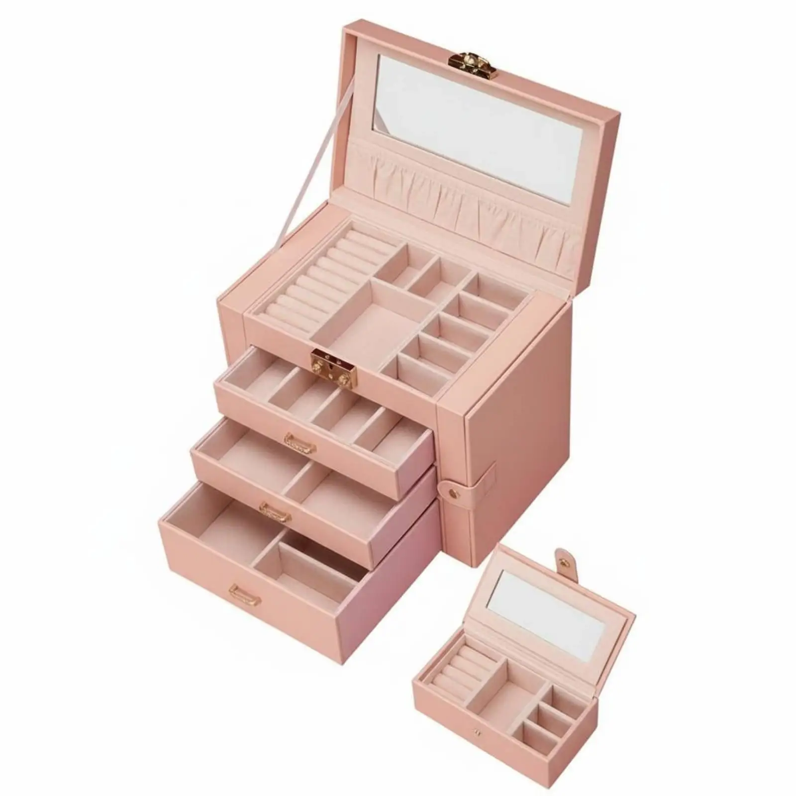 Multi Layer Leather Jewelry Organizer Box with Mirror Lock Drawer Storage Case for Rings Earrings Bracelets Necklaces Gifts