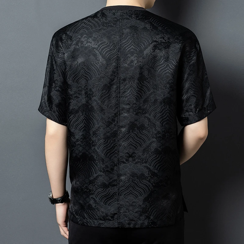 Silk Blend Exquisite T Shirt For Men Short Sleeve Chinese Style Summer High-Quality Smooth Comfortable Satin Camisetas De Hombre