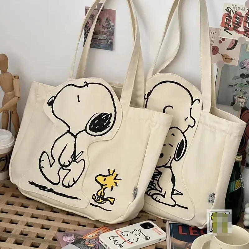 Miniso Snoopy anime kawaii y2k canvas bag shoulder cartoon cute zipper large capacity female student tutoring bag birthday gift