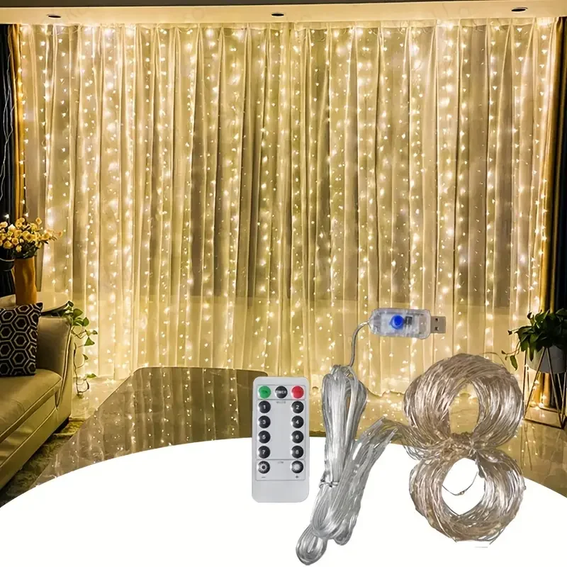 Cortina de luzes de fadas USB 3X3M, 300 LED, 8 modos, controle remoto, perfeita para casamentos e Natal (quente)