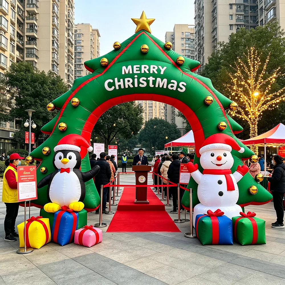 Christmas Inflatable Arch Shopping Mall Holiday Decor Giant Santa Snowman LED Lights Waterproof Customizable Colors Built-In