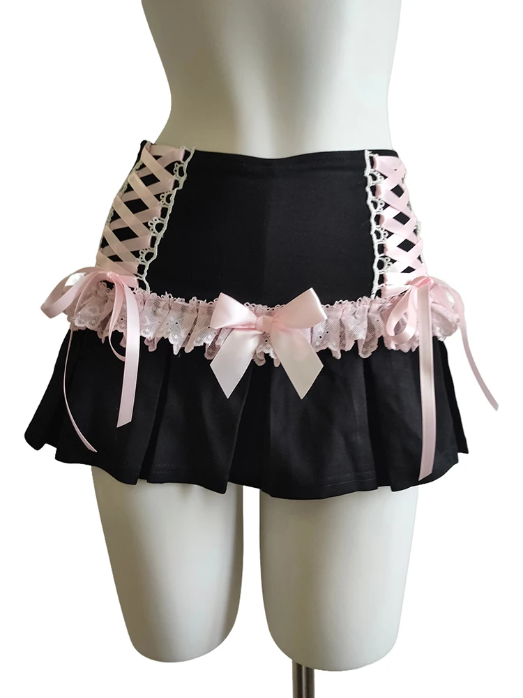 

Cute Pleated Skirts for Sweet Girls High Waist Lace Trim Pink Bow Lolita Style A-line Mini Shorts Skirt Summer