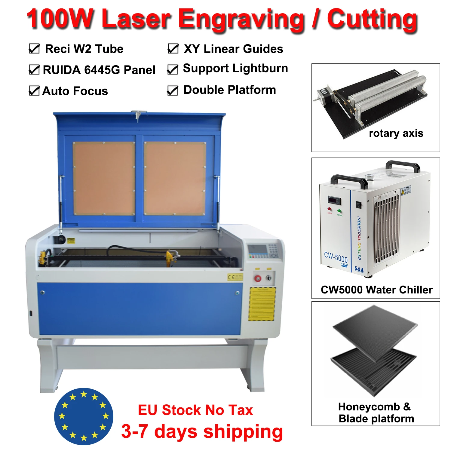 100W CO2 Laser Engraving Cutting Machine Laser Engraver 1000*600mm RECI W2 CO2 Laser Tube Engraver Fabric Wood Leather EU Ship