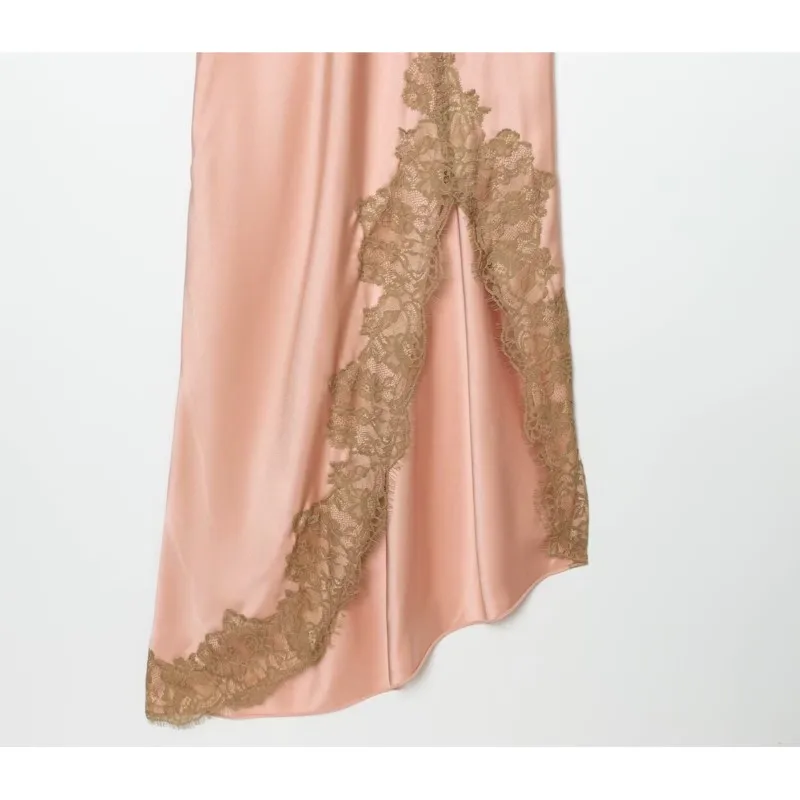 Women's Satin Lace Dress New 2026 Spring Summer Fashion Backless Thin Straps V-Neck Lady Long Dress Elegant Female Midi Dresses view 6
