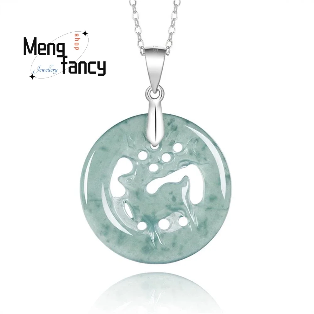 

Natural A-goods Jadeite Blue Water Deer Sign All The Way to You S925 Silver Set Hollow Ice Jade Pendant Elegant Fashion Jewelry