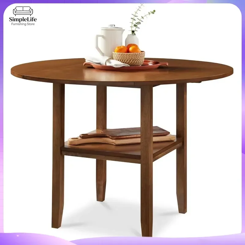 

42 Inch Round Drop Leaf Dining Table for 4 People Solid Wood Expandable Small Space Saving Kitchen Table with Storage Shelf