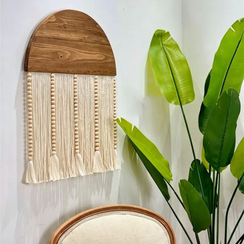 Nordic Style Wooden Bead Tassel Tapestry Handwoven Wall Hanging Decor Bohemian Half Circle Board Bead Fringe Home Decor